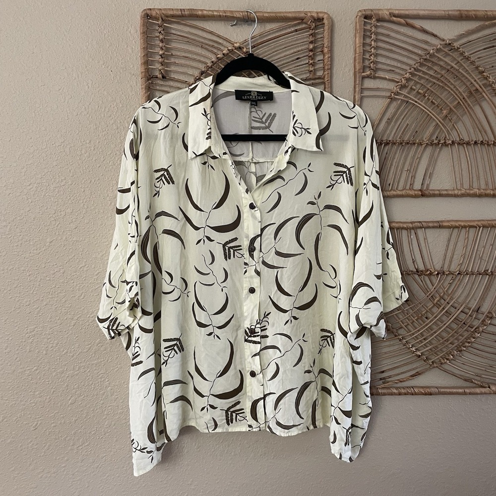 Lexbreezy Hawaiian Aloha Print Top Blouse Button Down Yellow Floral Sz 3XL B8